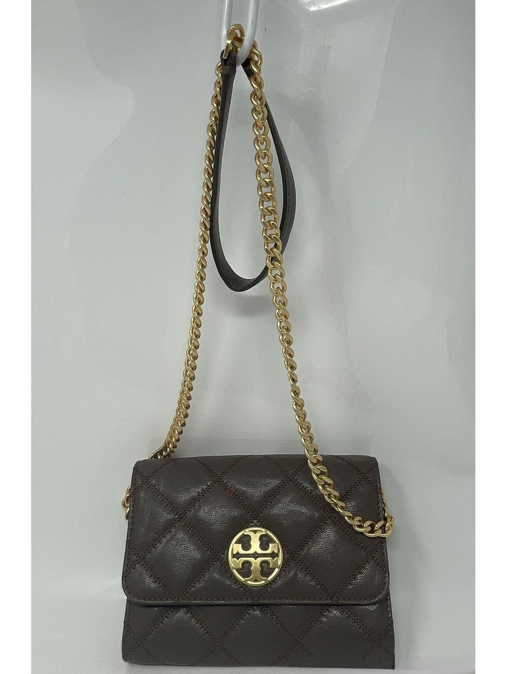 Authentic Tory Burch Womens Brown Gold-Tone Leather Quilted Crossbody Purse